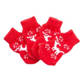 4-Pack Festive Red Elk Knitted Dog Socks - Cute Cartoon Pet