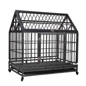 Heavy-Duty Metal Dog Kennel, Pet Cage Crate with Openable Pointed Top and Front Door, 4 Wheels
