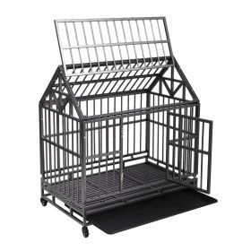 Heavy Duty Metal Dog Kennel Cage Crate with 4 Universal Wheels, Openable Pointed Top and Front Door, Black
