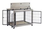 Furniture Style Dog Crate Side Table on Wheels with Double Doors and Lift Top.