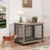 Furniture Style Dog Crate Side Table on Wheels with Double Doors and Lift Top.
