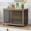 Furniture Style Dog Crate Side Table With Rotatable Feeding Bowl, Wheels, Three Doors, Flip-Up Top Opening. Indoor, Grey, 43.7"W x 30"D x 33.7"H