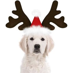 Reindeer Antlers Dog Headband with Santa Hat, Adjustable