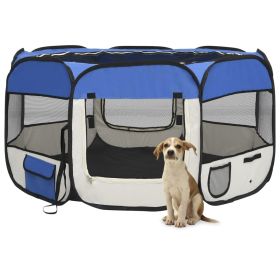 Blue Fabric Collapsible Dog Playpen with Carry Bag
