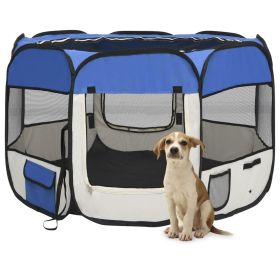 Foldable Fabric Dog Playpen 35 Inch - Blue & Cream