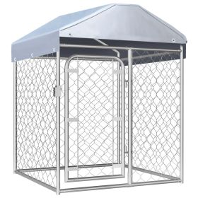 Silver Steel Dog Kennel with PE Roof 39 x 39 x 49 Inch