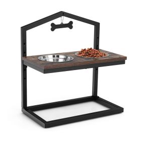 Adjustable Heights Elevated Dog Bowl Feeder Stand (Color: Rustic Brown)