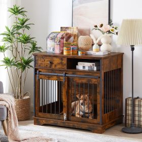 Sliding door dog crate with drawers. 35.43'' W x 23.62'' D x 33.46'' H (Color: Rustic Brown)