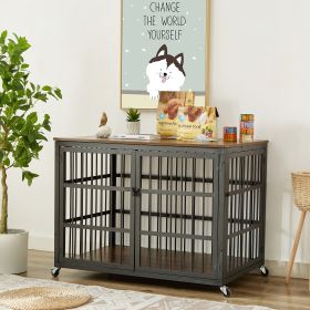 Furniture style dog crate wrought iron frame door with side openings, Grey, 43.3''W x 29.9''D x 33.5''H. (Color: Rustic Brown)