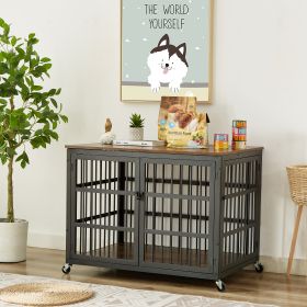 Furniture style dog crate wrought iron frame door with side openings, Grey, 38.4''W x 27.7''D x 30.2''H. (Color: Rustic Brown)