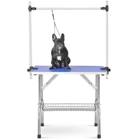 Professional Dog Pet Grooming Table Large Adjustable Heavy Duty Portable w/Arm & Noose & Mesh Tray (Color: Blue)