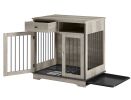 Dog crates;  indoor pet crate end tables;  decorative wooden kennels with removable trays.