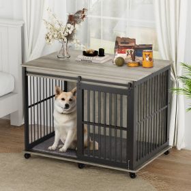Rustic Brown Dog Crate Furniture with Sliding Iron Door (Color: grey)