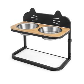 Adjustable Bamboo Elevated Pet Feeding Station (Color: Black & Natural)