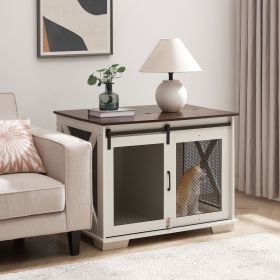 Farmhouse Dog Crate Credenza with Sliding Barn Door (Material: MDF+Metal, Color: White)