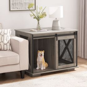 Farmhouse Dog Crate Credenza with Sliding Barn Door (Material: MDF+Metal, Color: Gray Wash)